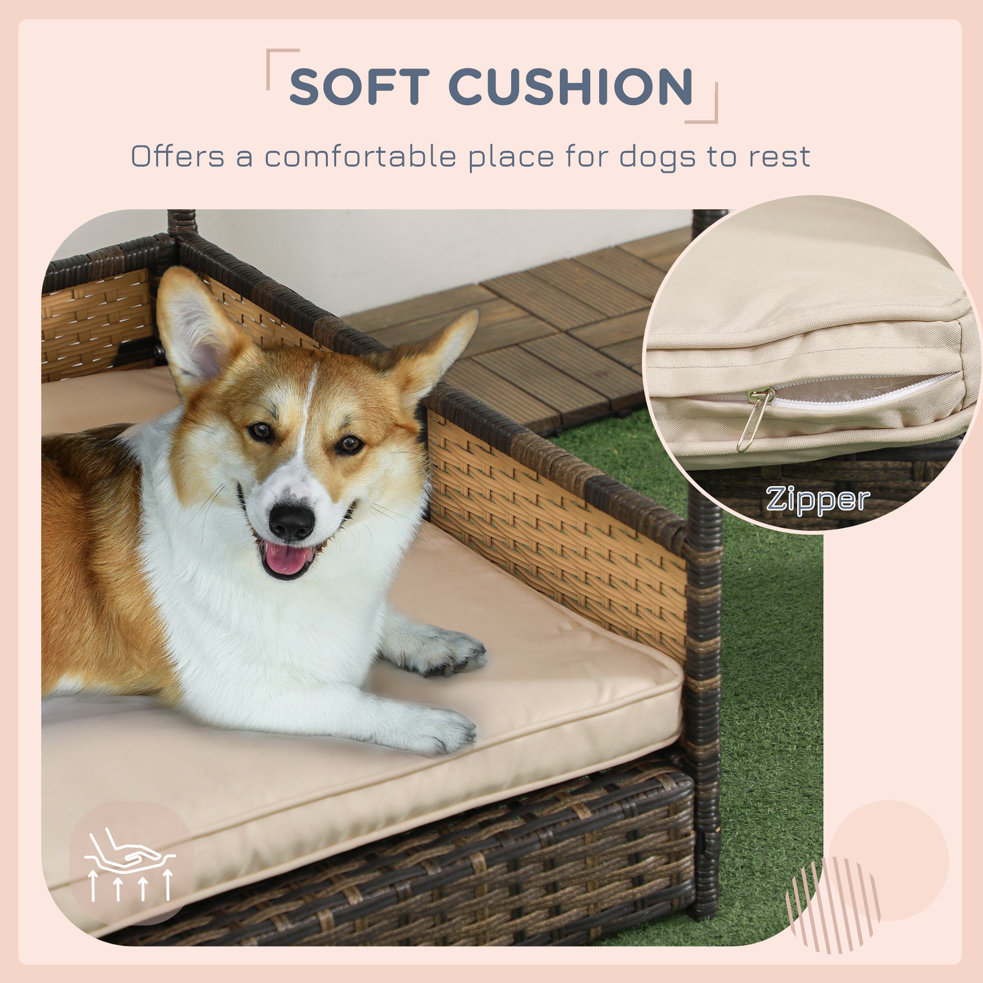 Wicker Dog House with Removable Cushion Lounge, Khaki