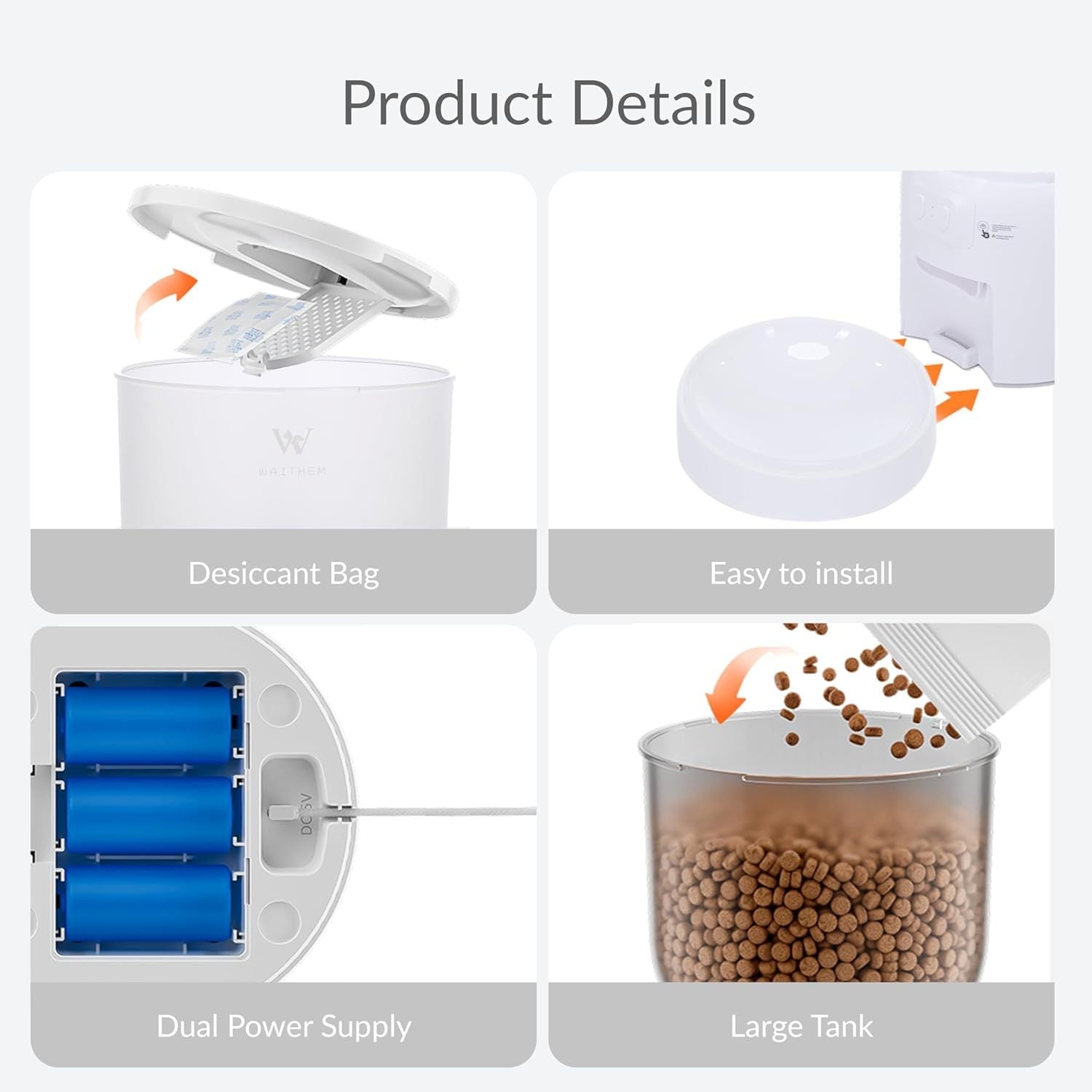 Waithem Wi-Fi Automatic Cat Feeder, Timed Dry Food Dispenser, App-Programmable Portion Control, Up To 10 Meals Per Day, Dual Power Supply, Suitable For Cats And Small Dogs
